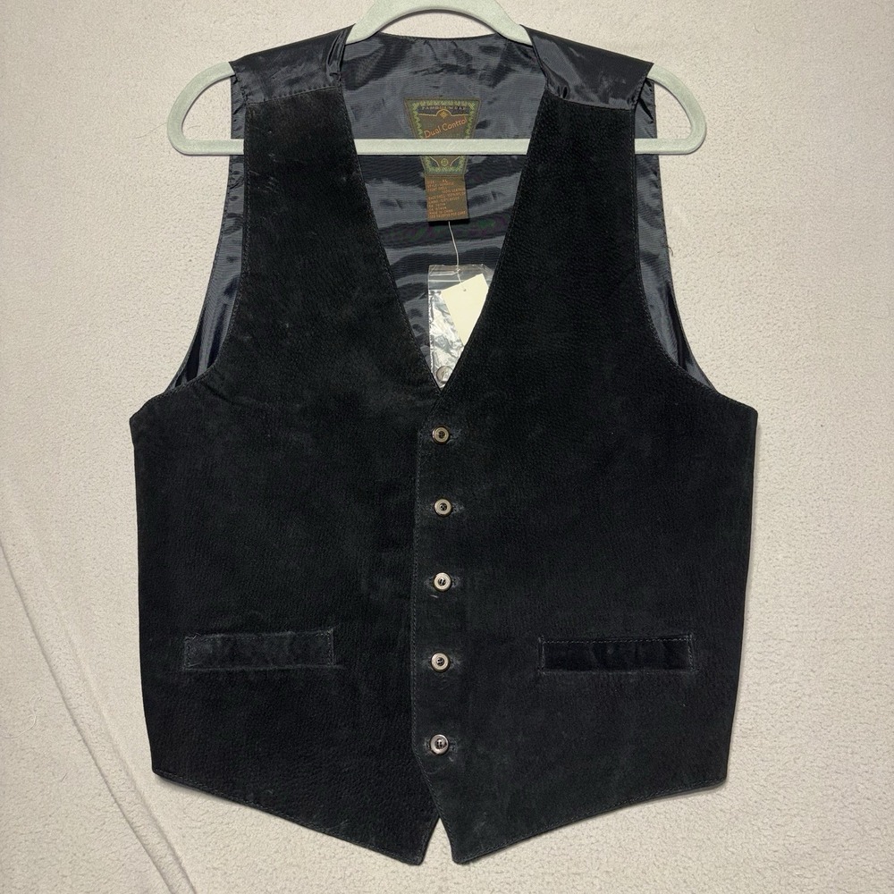 VTG Dual Control Mens XL Suede Leather Vest Black Waistcoat Western Ranch NWT